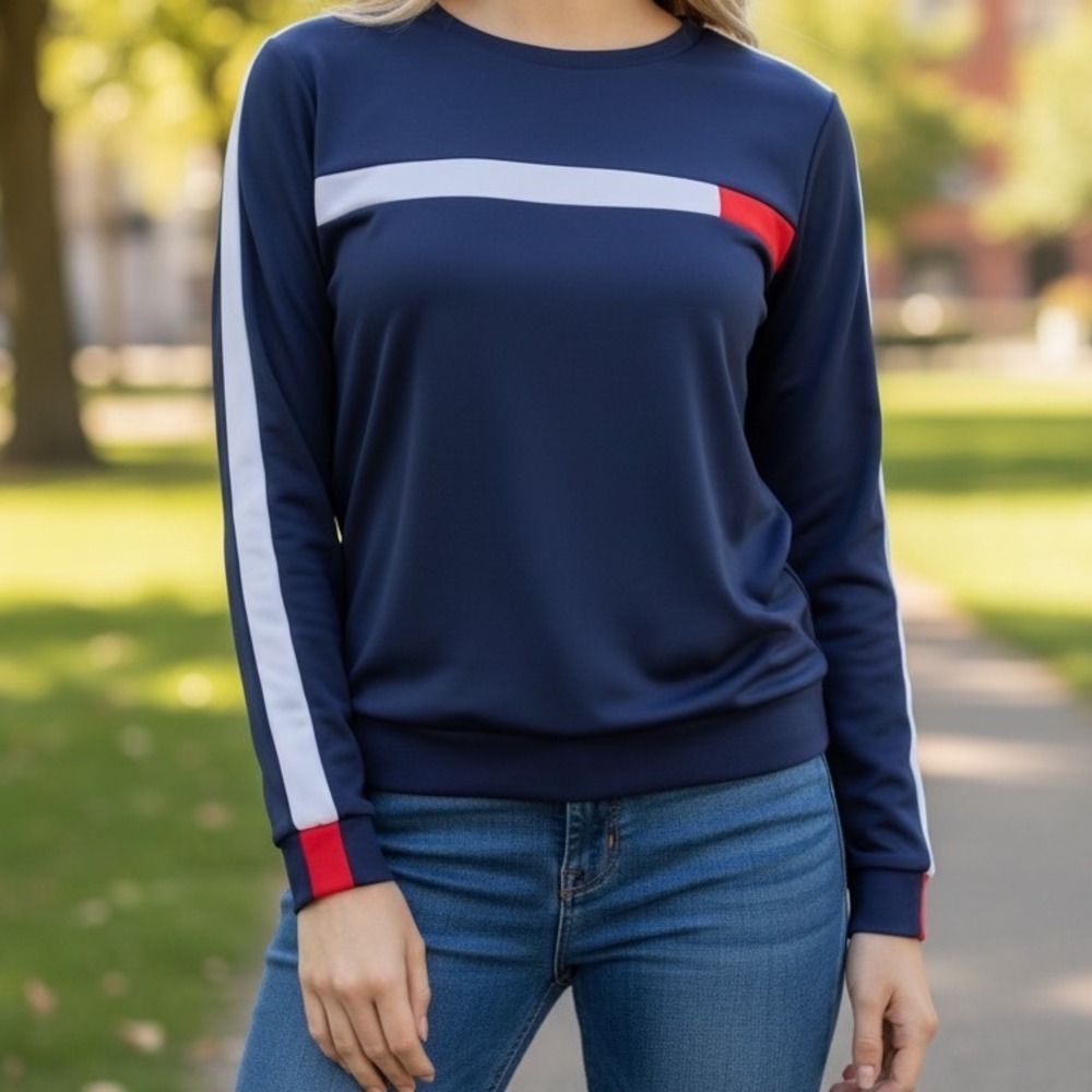 Navy Blue Long Sleeve Sweatshirt with White Red Stripe‎ Detail Women's Size L
